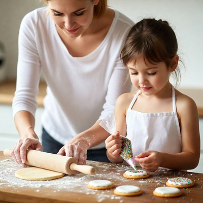 Mother and daughter decorating cookies