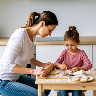 Mother and daughter rolling dough