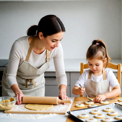 Mother and daughter baking cookies