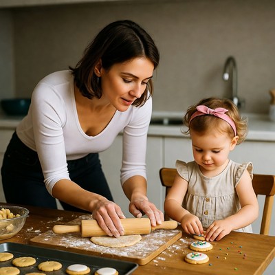 Mother and toddler rolling dough