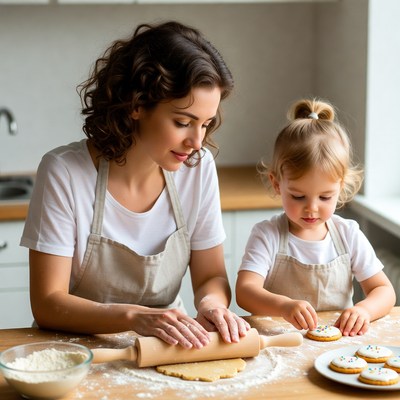 Mother and toddler rolling dough together