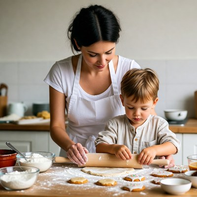 Mother and son rolling dough together