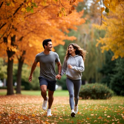 Couple jogging in autumn park