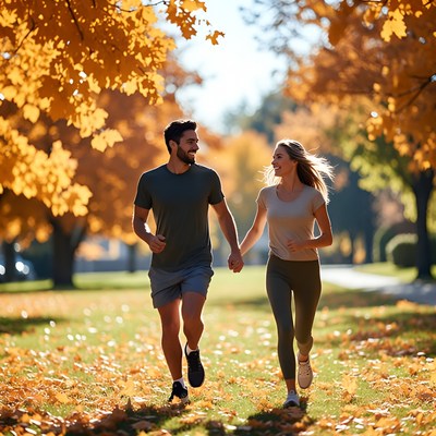 Couple jogging through autumn park