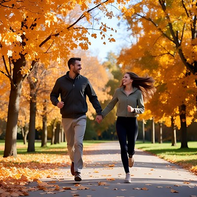 Couple jogging through autumn trees
