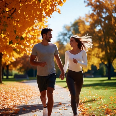 Couple jogging through autumn park