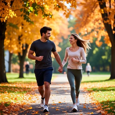 Couple jogging autumn park path