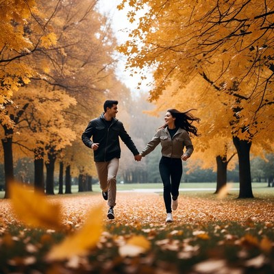 Couple running through autumn leaves