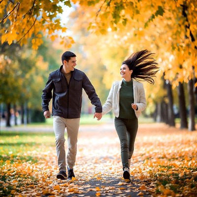 Couple walking hand in hand autumn forest