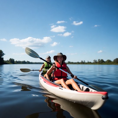 Women kayaking on river
