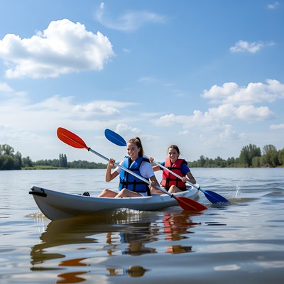 Two women kayaking on river