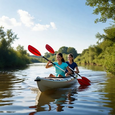 Two women kayaking on river