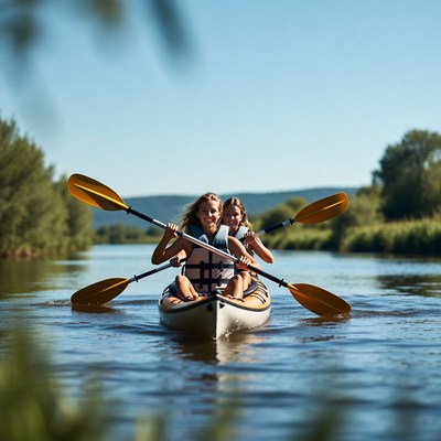 Two girls paddling kayak on river