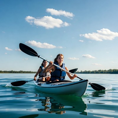 Two women kayaking on lake