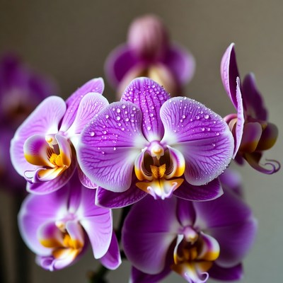Purple orchids with water droplets