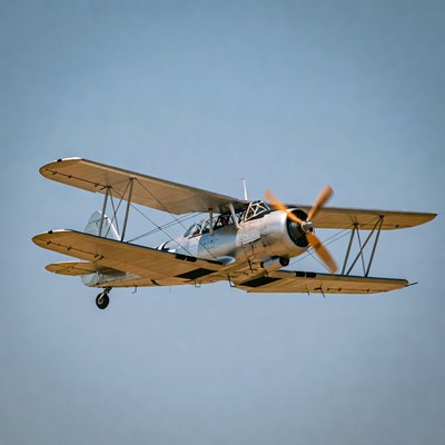 Silver Biplane Flying in Sky