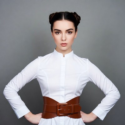 Woman in white shirt with brown corset belt