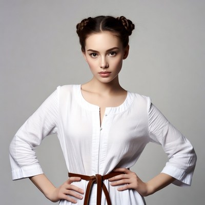 Woman with buns hairstyle hands on hips