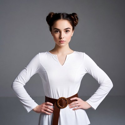 Girl with buns hairstyle hands on hips