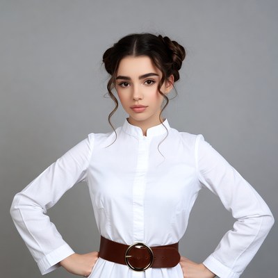 Woman in white shirt with brown belt