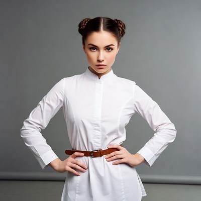 Woman with buns hairstyle in white shirt