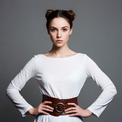 Woman with buns hairstyle and belt
