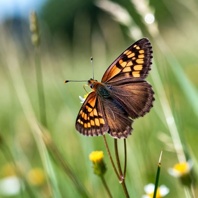 Orange butterfly on yellow flowers