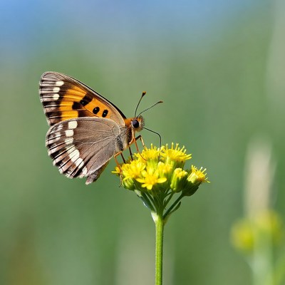 Orange butterfly on yellow flowers