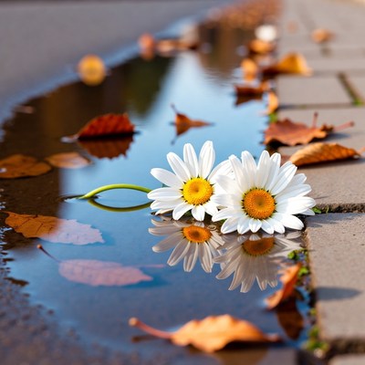 White Daisies in Autumn Puddle