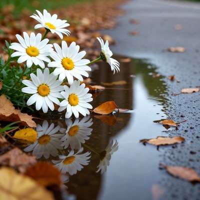 Daisies reflected in wet autumn road