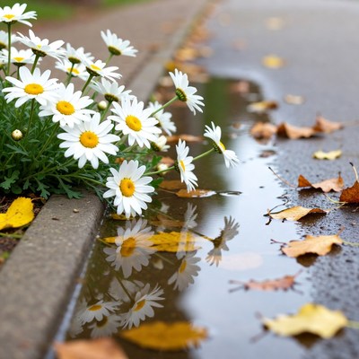White Daisies by Wet Autumn Path