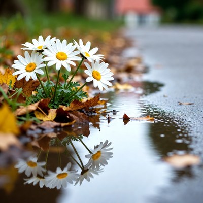 White Daisies on Wet Autumn Road