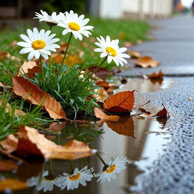 White Daisies by Wet Sidewalk