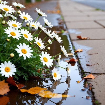 White Daisies by Wet Sidewalk