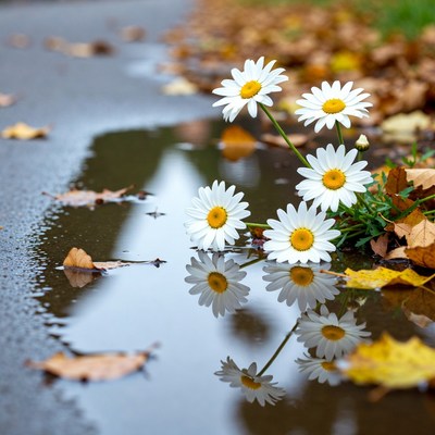 White Daisies Reflected in Autumn Puddle