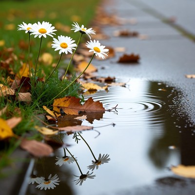 Daisies reflected in wet autumn road