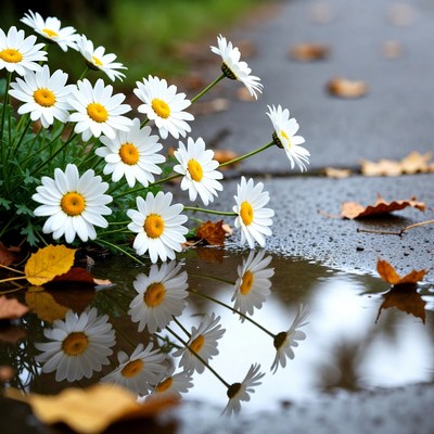 White Daisies Reflected in Puddle