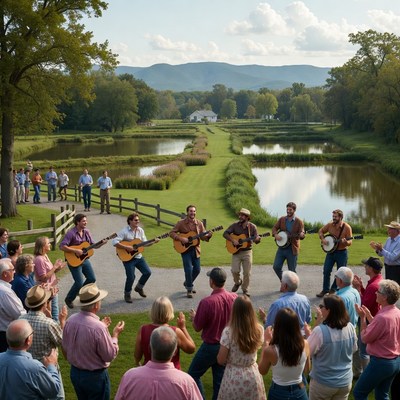 Men playing banjos guitars at outdoor festival