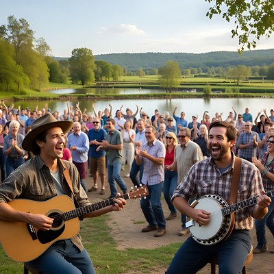 Two men playing guitar and banjo