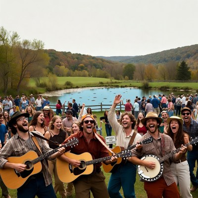 Band playing guitars banjo outdoors