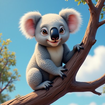 Cute Koala Clinging to Tree Branch