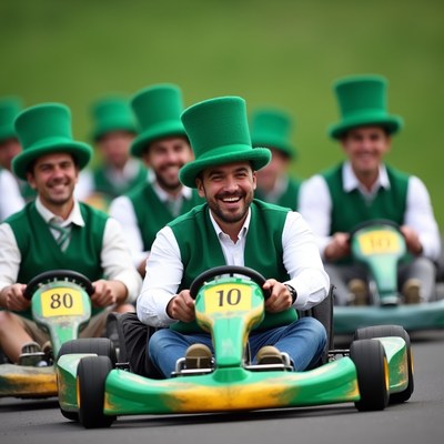 Men in green hats racing go-karts