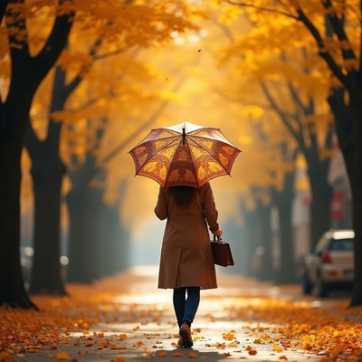 Woman with orange umbrella in autumn alley