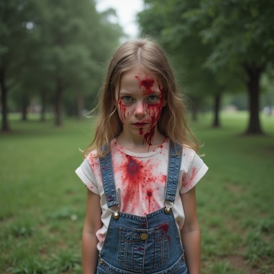 Girl with blood on face in park