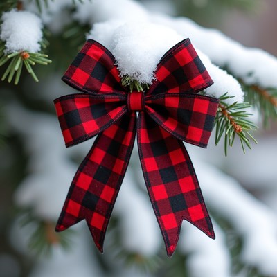 Red Plaid Bow on Snowy Christmas Tree