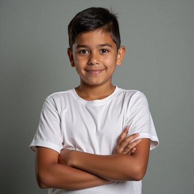 Young boy arms crossed smiling