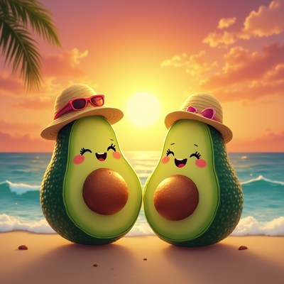 Cute avocados wearing hats on beach