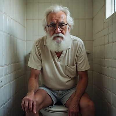 Elderly man sitting on toilet