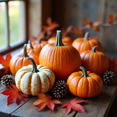 Orange pumpkins with fall leaves