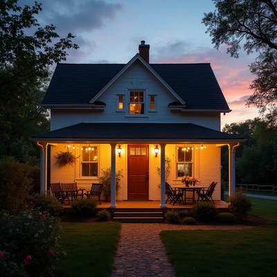 Lit White Farmhouse Porch at Dusk